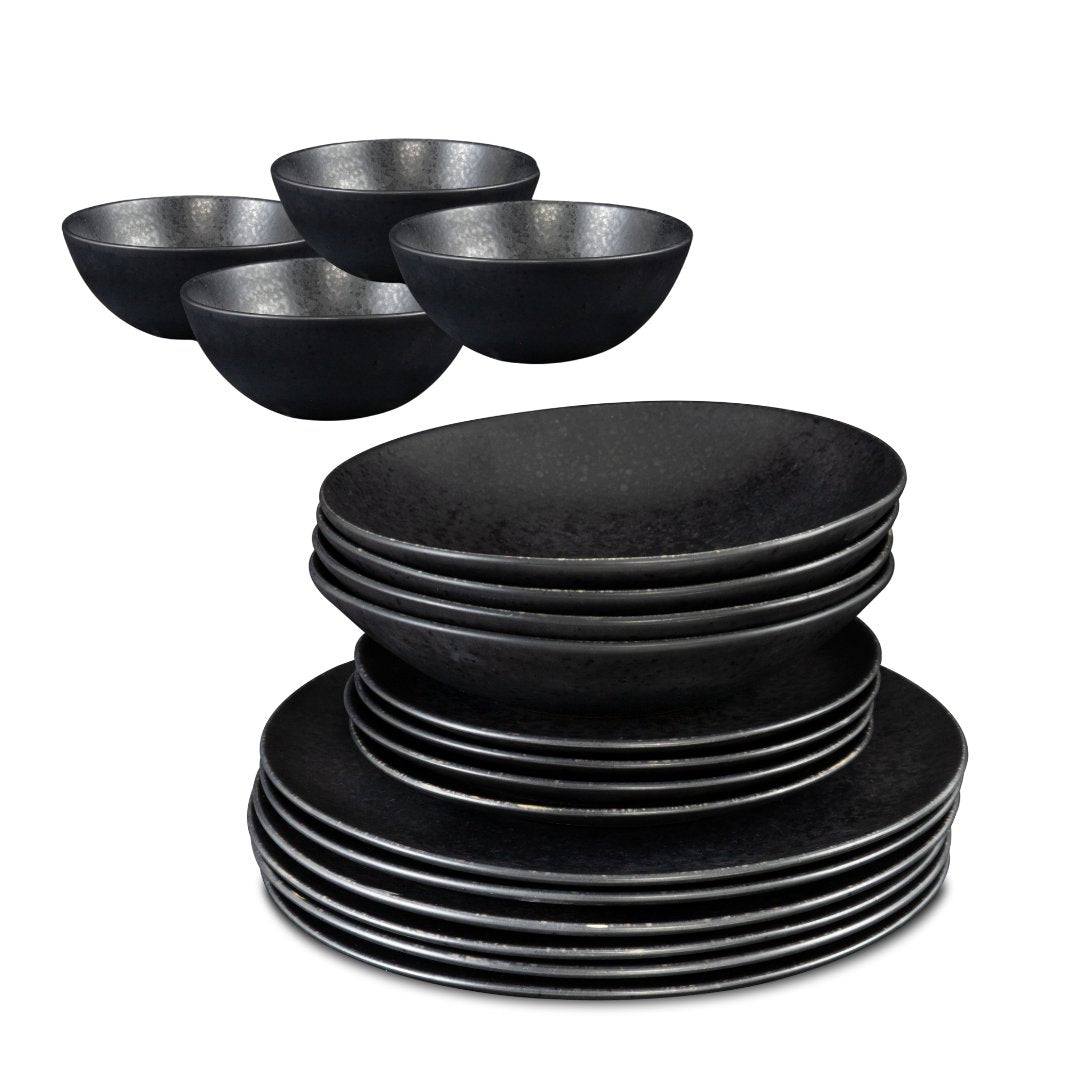 Black Stone Teller & Schalen Set Schwarz I 16 teiliges Set