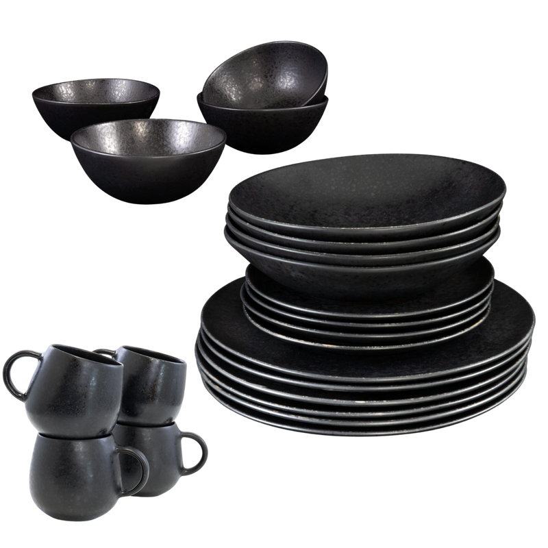 Black Stone Plates & Bowls & Mugs Set Black I 20 piece set