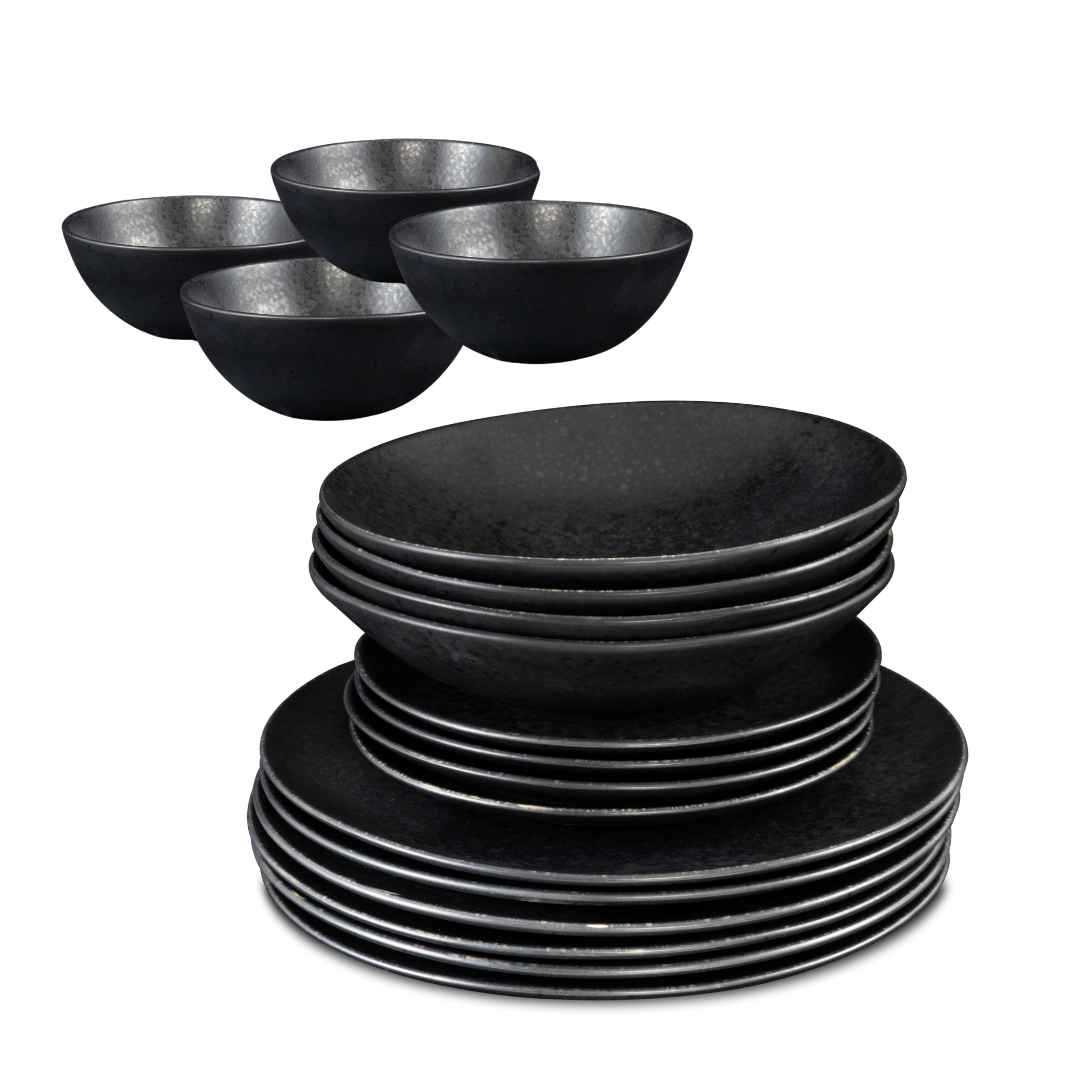 Black Stone Set of 16 Plates & Bowls