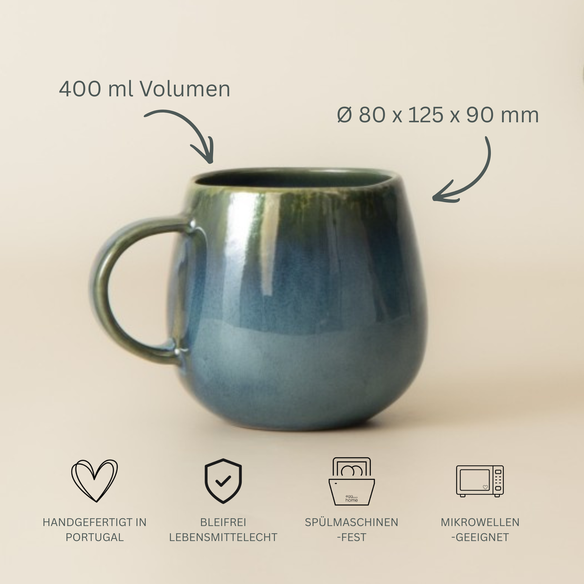 Keramik Kaffeetasse Amazonia groß Grün I Handgemachte Steingut Tasse 400 ml I 4 Stück 400 ml