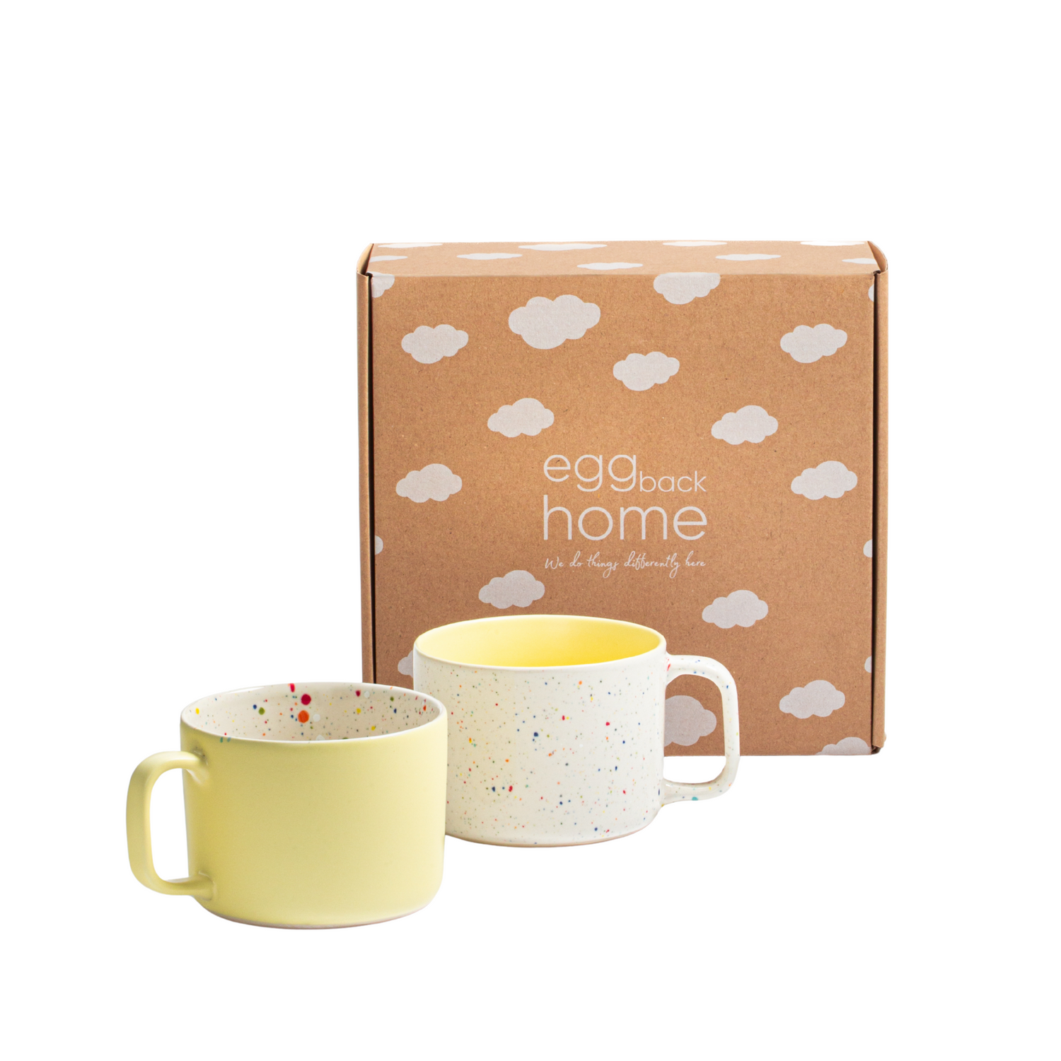 Keramik Tassen Set Breeze Party Weiß-gelb – 2er Set, 450 ml, Geschenkbox | Egg Back Home