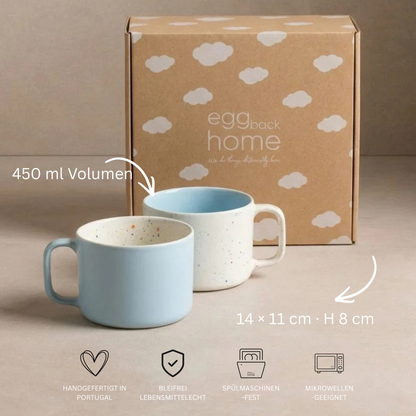 Keramik Tassen Set Breeze Party Weiß-Blau – 2er Set, 450 ml, Geschenkbox | Egg Back Home
